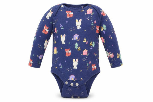Front view of F&F girls’ blue animal print romper one-piece, size 0-3, months - rabbit print