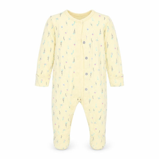 Front view of F&F girls’ yellow floral babygrow one-piece, size 3-6, months
