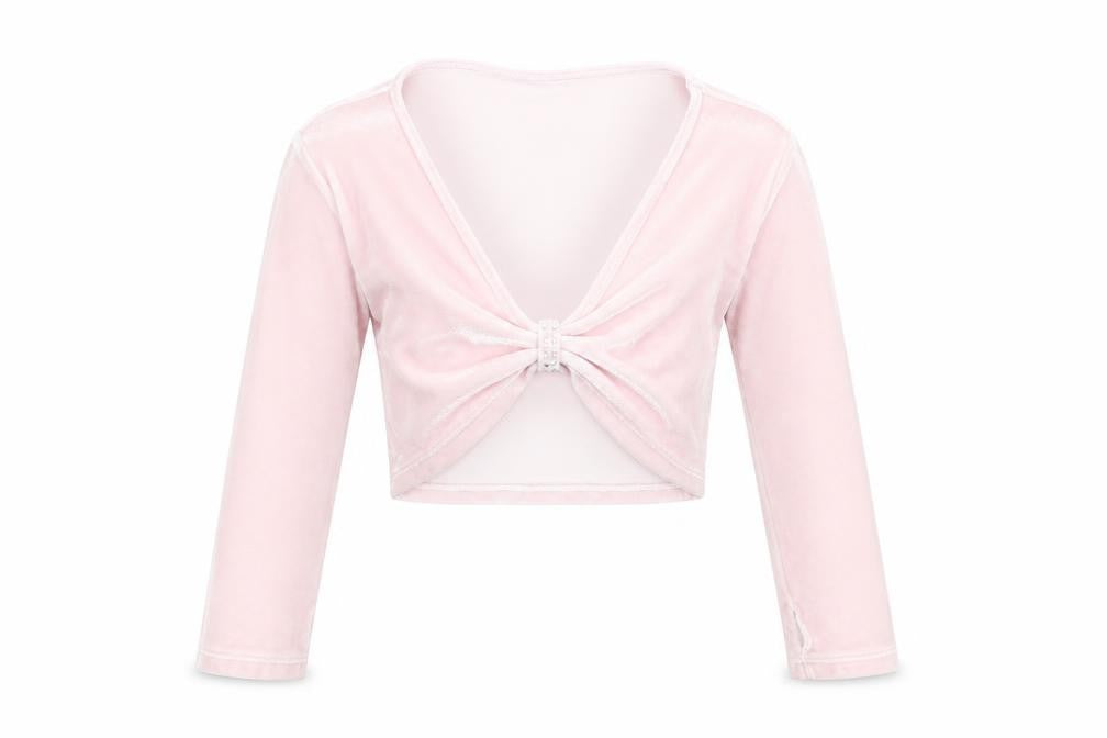 Front view of Minella girls’ pink velvet basic blouse, size 4-5, years - ruched front
