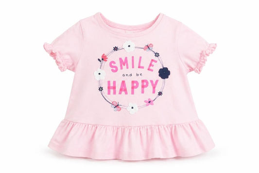 Front view of F&F girls’ pink floral a-line, size 6-9, months - smile