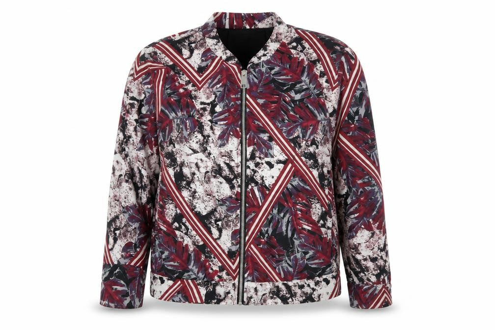 Front view of River Island women’s red geometric jacket, size UK 8