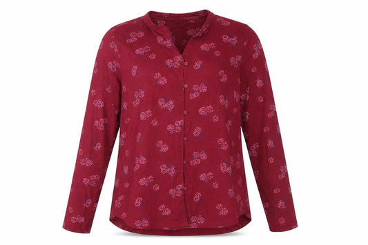 Front view of plum tree women’s red floral basic button-up, size UK 12