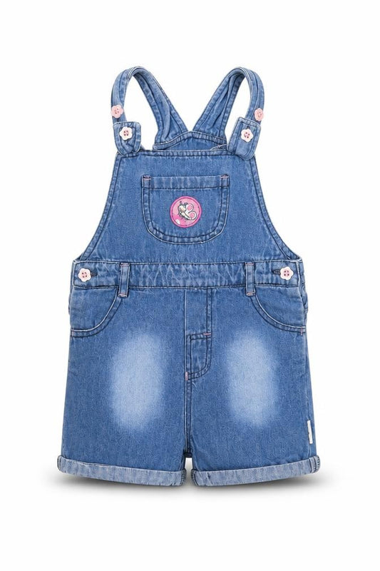 Front view of WATCH ME GROW girls’ blue dungaree one-piece, size 12, months