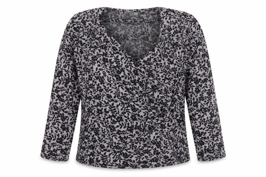 Front view of W women’s grey floral wrap blouse, size L