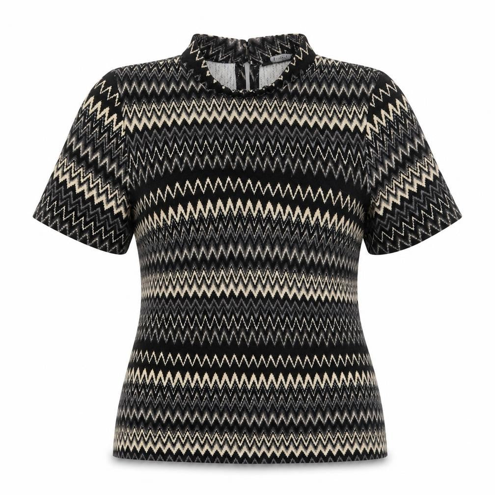 Front view of F&F women’s beige geometric basic t-shirt, size UK 6, - zig zag