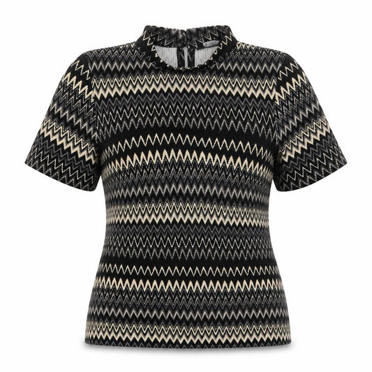 Front view of F&F women’s beige geometric basic t-shirt, size UK 6, - zig zag