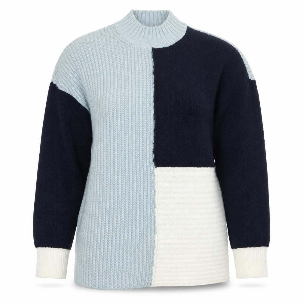Front view of Roman women’s blue knit jumper, size UK 10, - colourblock