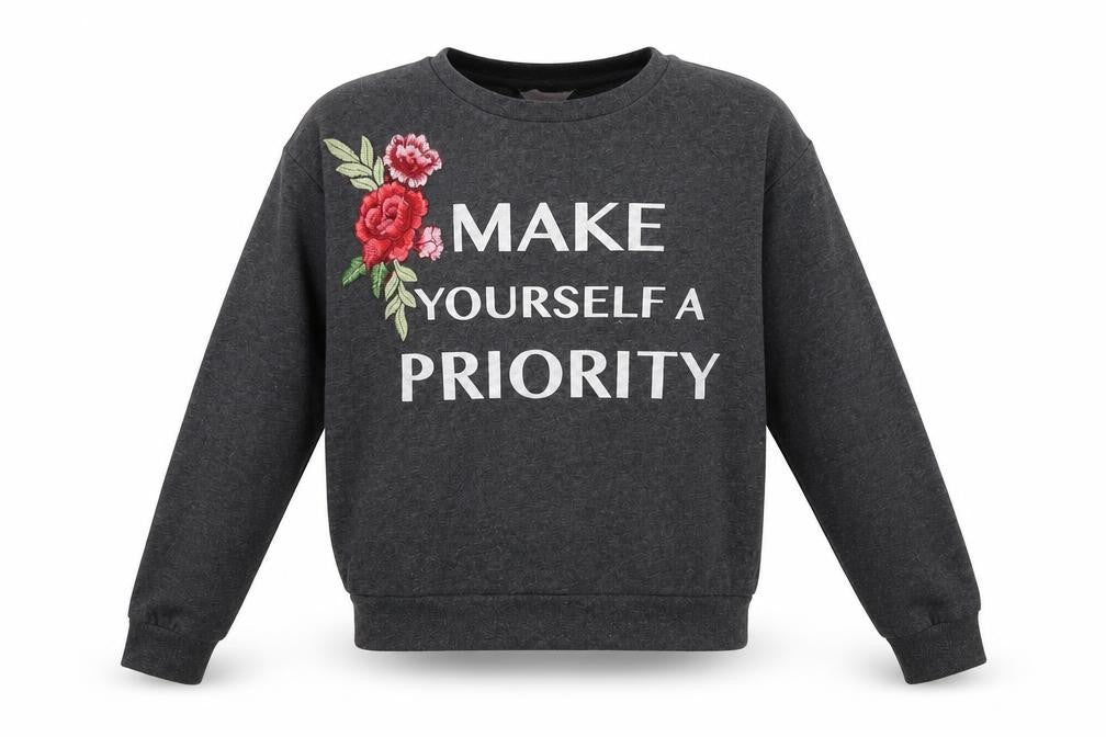 Front view of Miss Evie girls’ grey floral pullover sweatshirt, size 13-14, years