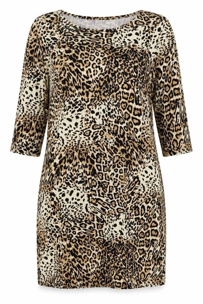 Front view of k&d women’s brown animal print basic t-shirt, size UK 16