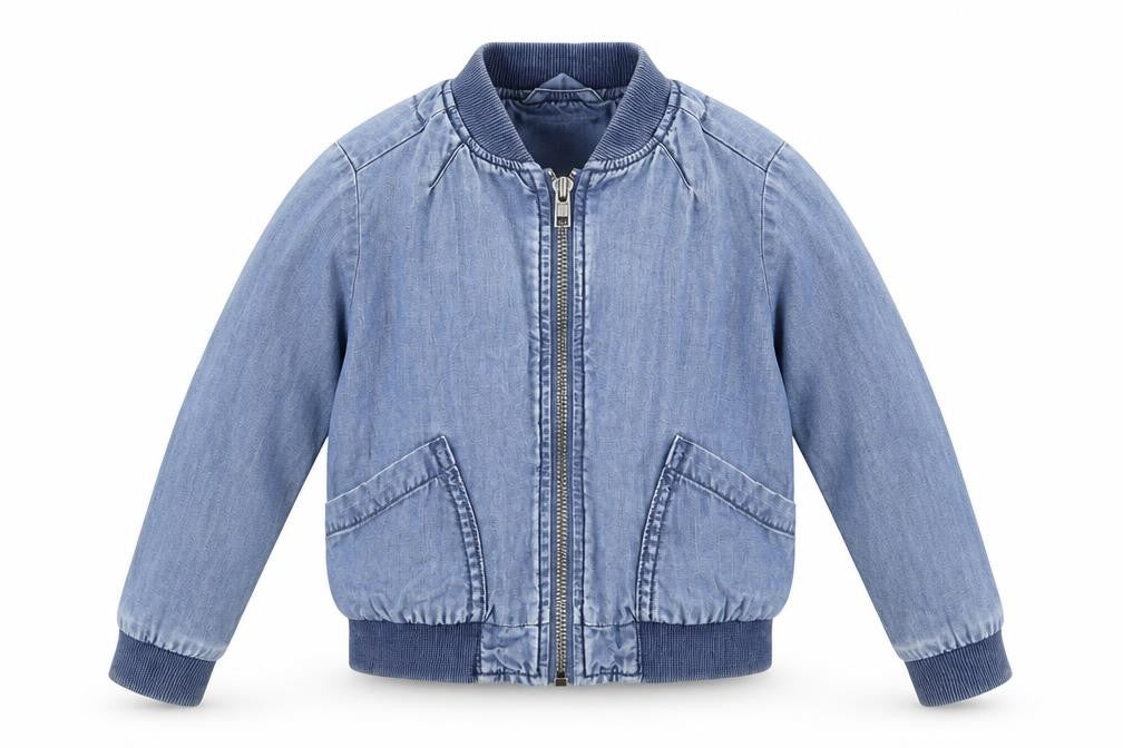 Front view of Next girls’ blue bomber jacket jacket, size 5, years