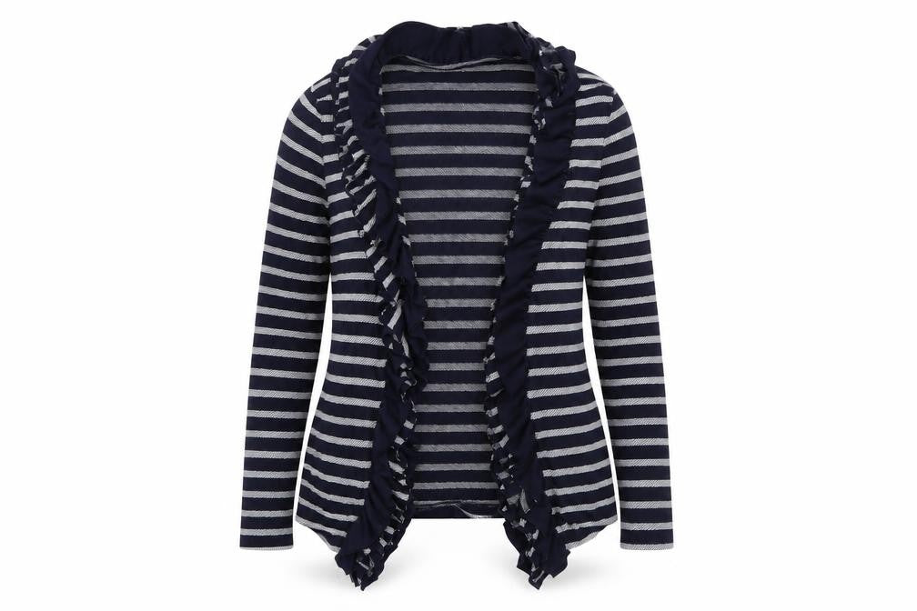 Front view of Preworn women’s multicoloured striped cardigan jumper, size UK 14
