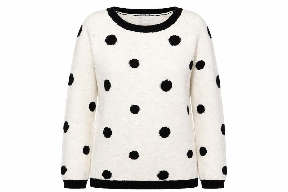 Front view of r edition women’s white polka dot jumper, size UK 10