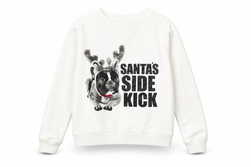 Front view of H&M girls’ white animal print pullover sweatshirt, size 12-13, years