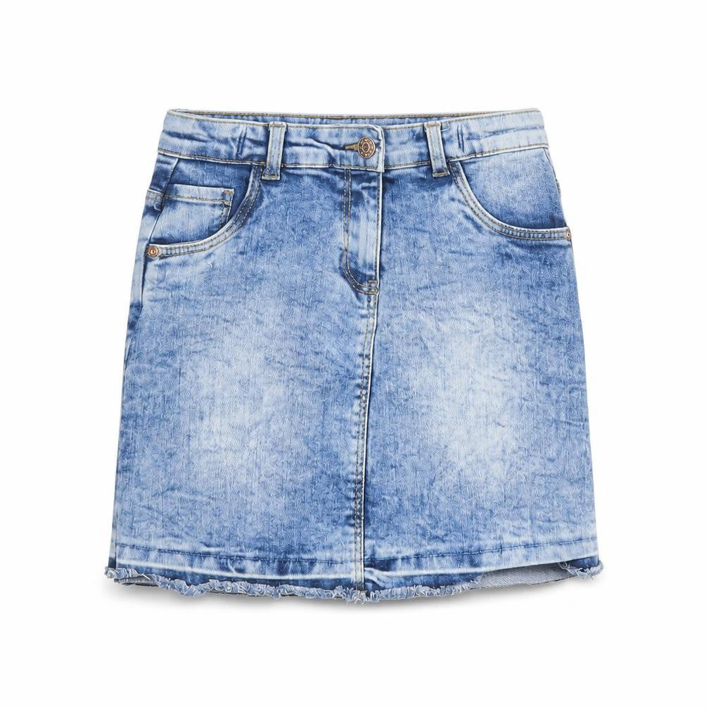 Front view of Tu girls’ blue denim mini skirt, size 9, years