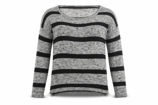 Front view of Atmosphere women’s grey striped jumper, size UK 10