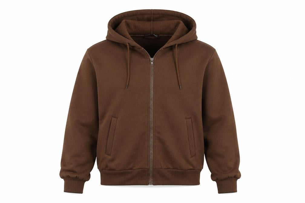 Front view of SHEIN women’s brown full zip hoodie, size XS