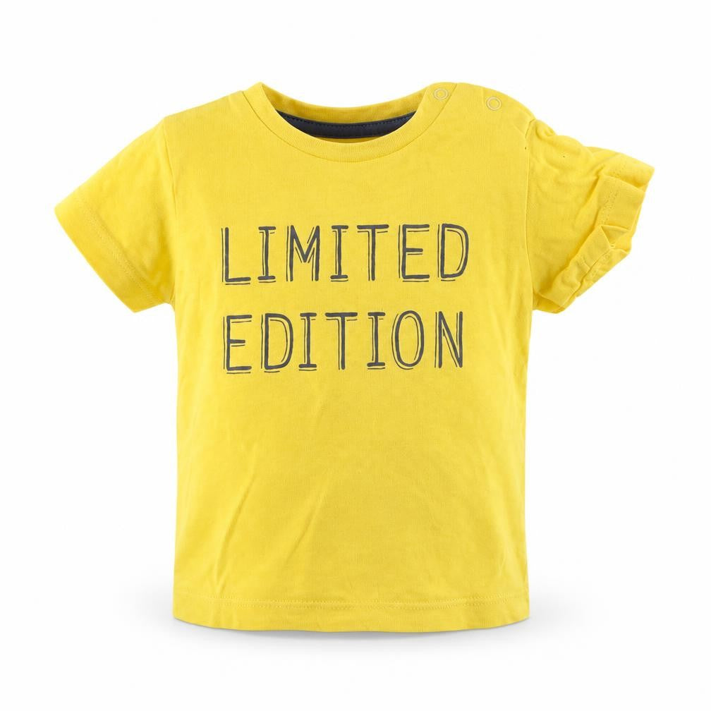 Front view of Nutmeg Baby Yellow Basic T-Shirt, size 6-9, Months