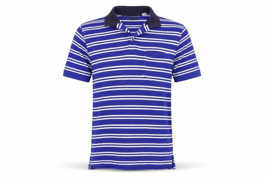 Front view of Eddie Bauer men’s blue striped polo, size M