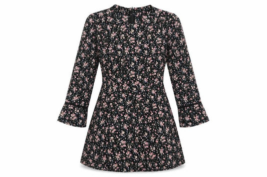 Front view of H&M women’s black floral a-line, size UK 6