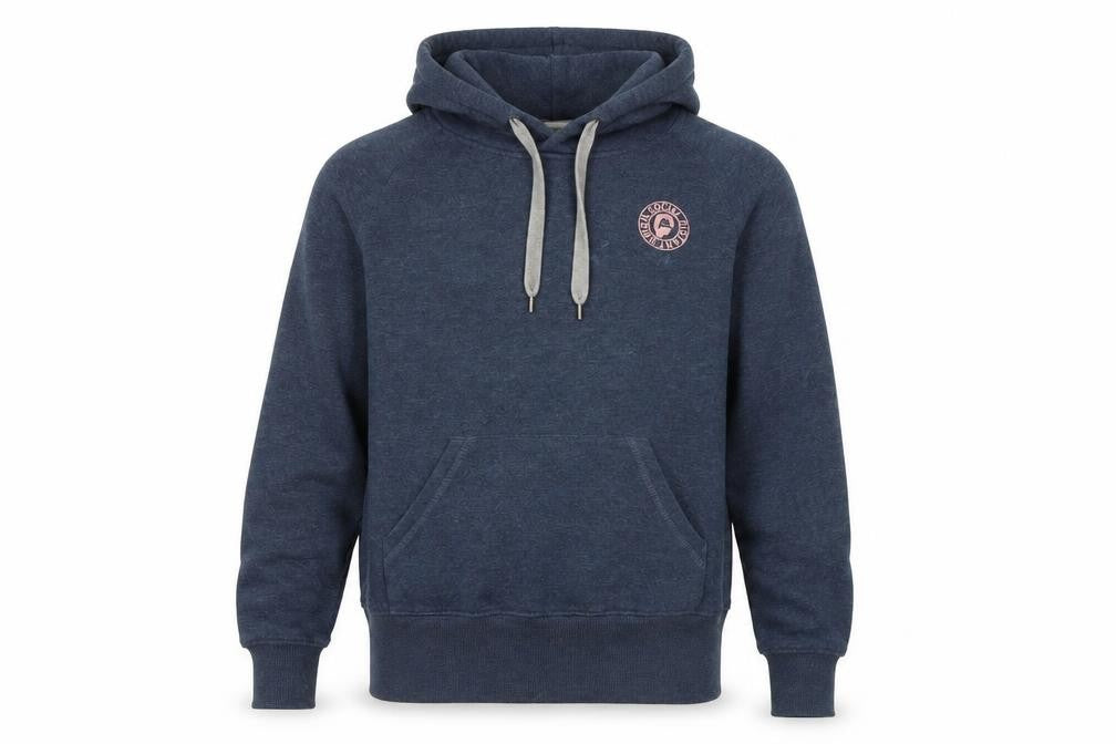Front view of Oeko Tex men’s grey pullover hoodie, size S