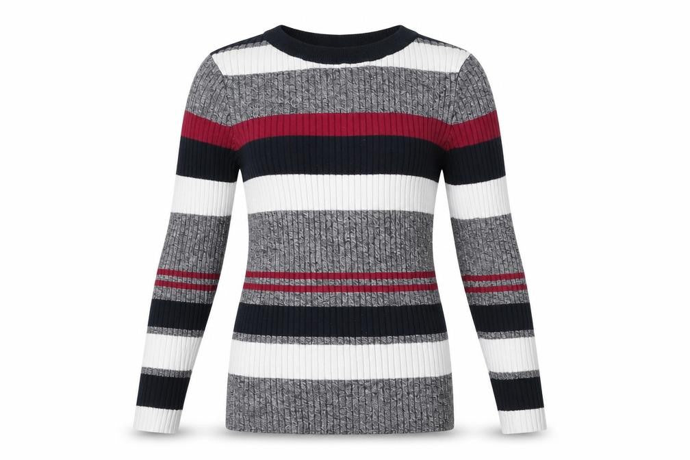 Front view of H&M girls’ grey striped jumper, size XS