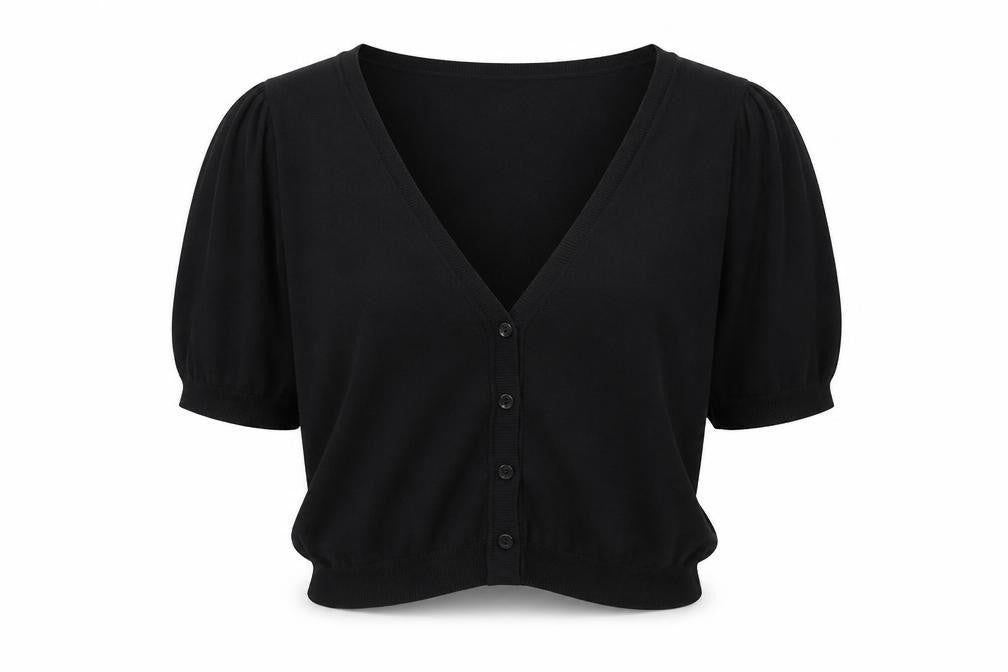 Front view of gteorge women’s black cardigan jumper, size UK 12