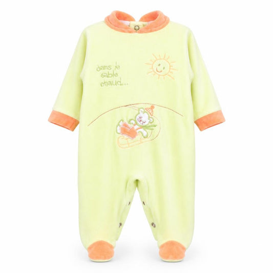 Front view of Miminho boys’ green animal print babygrow one-piece, size 12, months - teddy bear