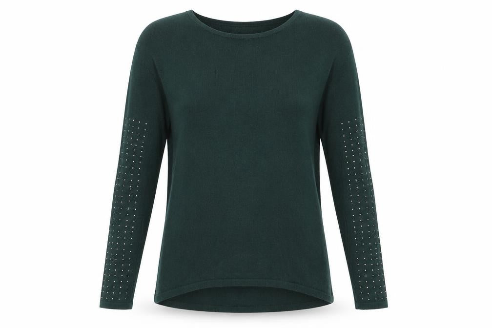 Front view of Next women’s green jumper, size UK 6, - beaded arms