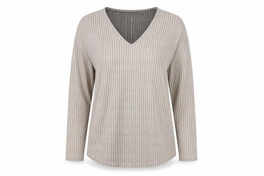 Front view of Missguided women’s beige striped basic blouse, size UK 12, - maternity