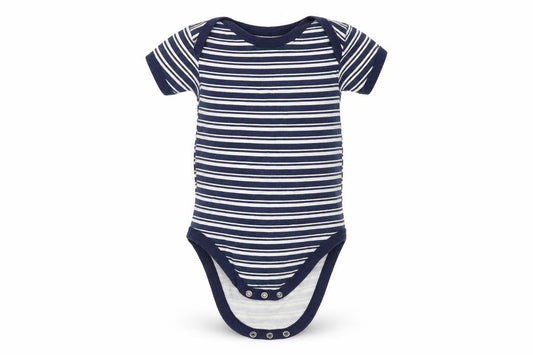 Front view of Matalan Baby Blue Striped Babygrow One-Piece, size 12-18, Months