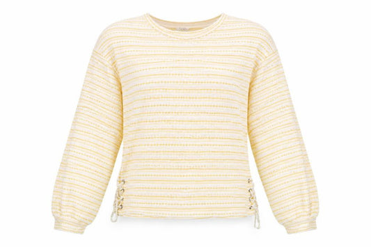 Front view of Matalan women’s yellow striped jumper, size UK 12