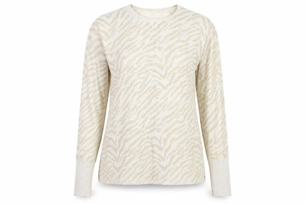 Front view of H&M women’s beige animal print basic t-shirt, size S