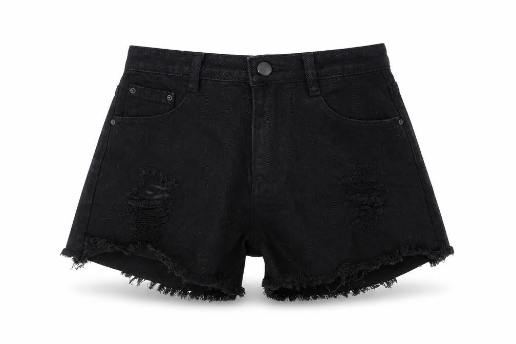 Front view of SHEIN women’s black cut-off shorts, size S