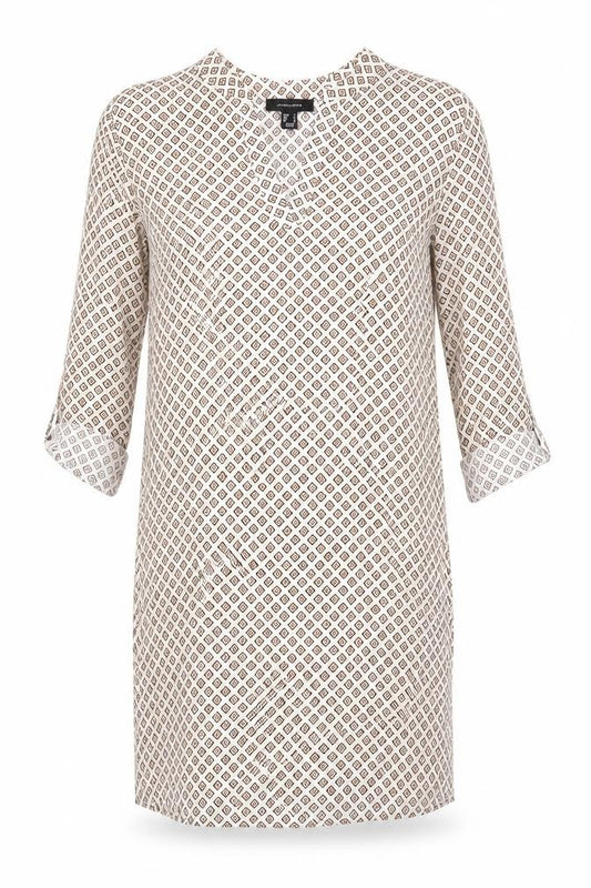 Front view of Atmosphere women’s beige geometric pencil dress, size UK 4