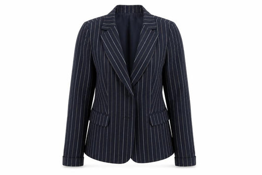 Front view of Libra women’s blue striped jacket blazer, size UK 10