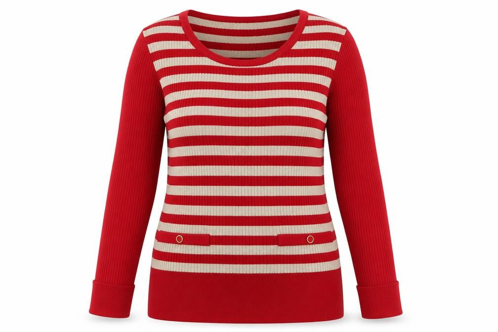 Front view of Marks & Spencer women’s red striped knit jumper, size UK 8