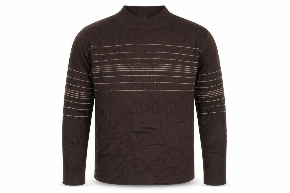 Front view of john fields men’s brown striped jumper, size XL