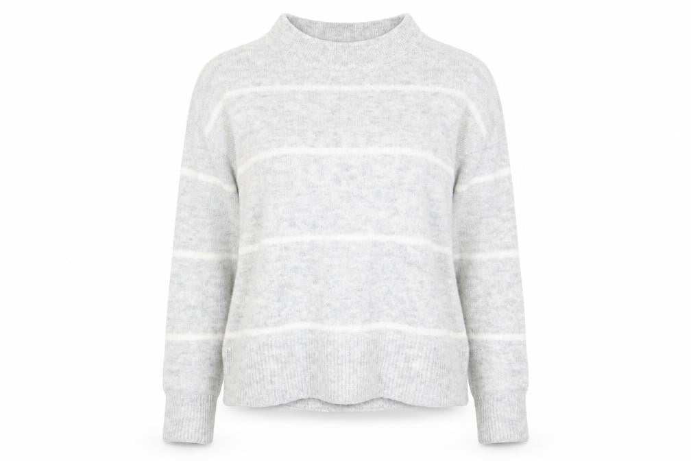 Front view of H&M women’s grey striped jumper, size UK 6