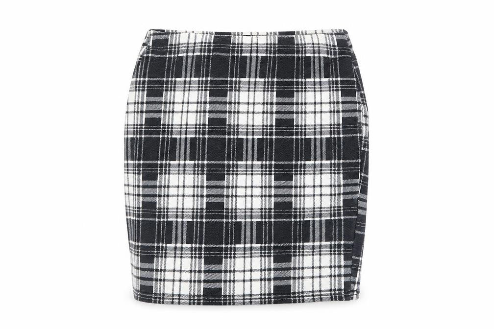 Front view of PRETTYLITTLETHING women’s black plaid wrap skirt, size UK 6