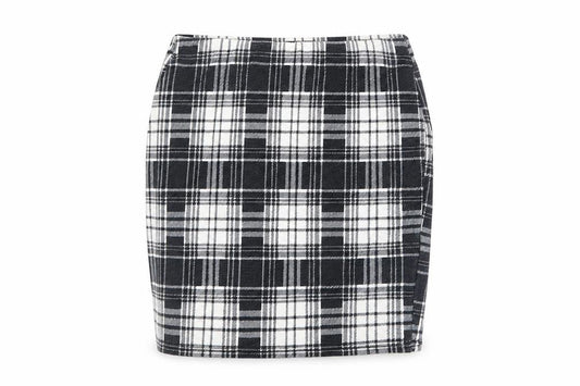Front view of PRETTYLITTLETHING women’s black plaid wrap skirt, size UK 6