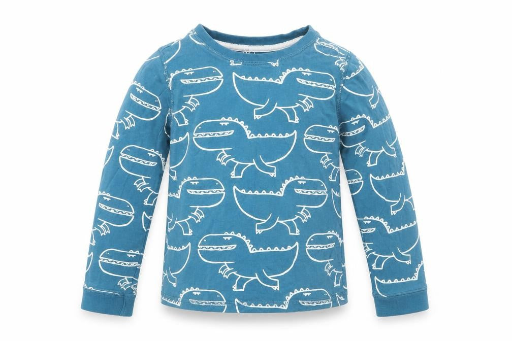Front view of Tu boys’ blue animal print pyjama top, size 6-7, years - dinosaur