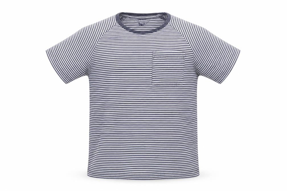 Front view of Tu boys’ blue striped basic t-shirt, size 6-7, years
