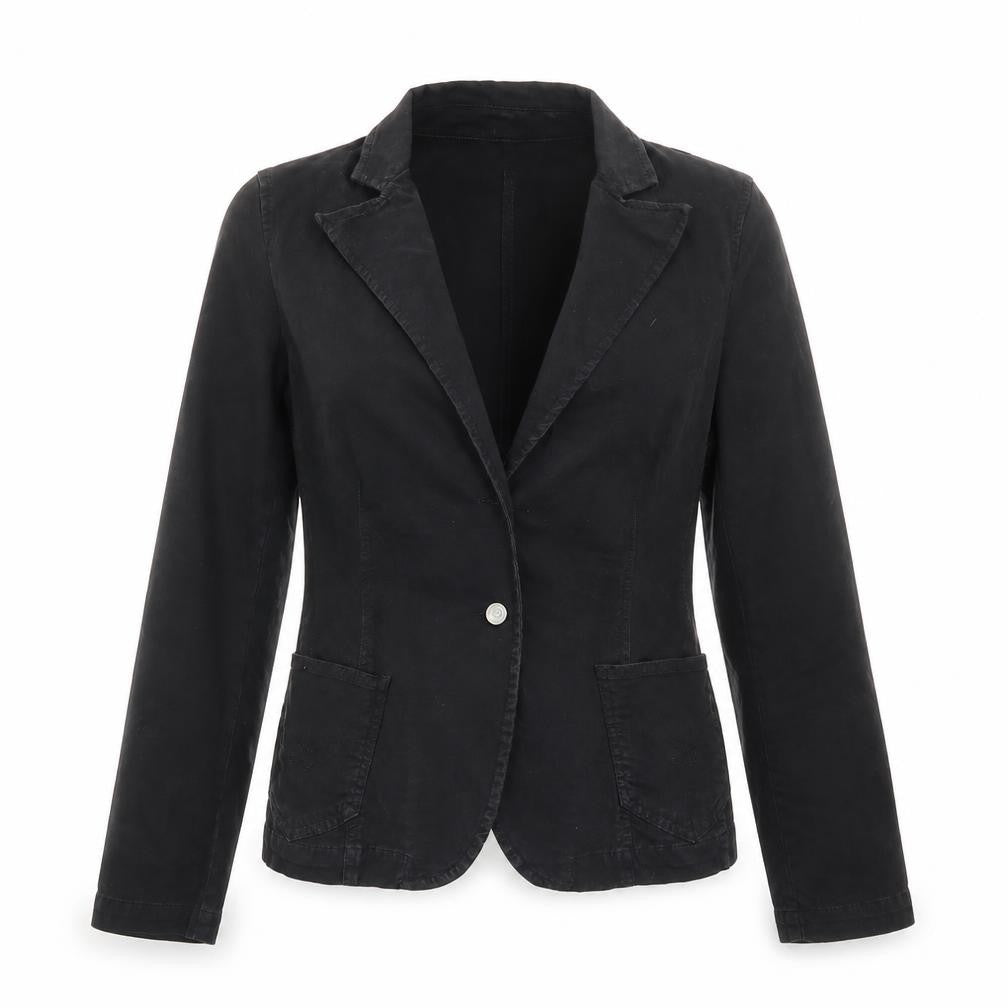 Front view of Sand White women’s black jacket coat, size L