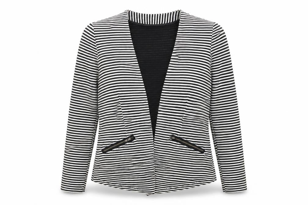 Front view of Papaya women’s black striped jacket blazer, size UK 8