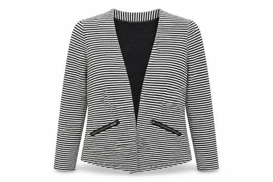 Front view of Papaya women’s black striped jacket blazer, size UK 8