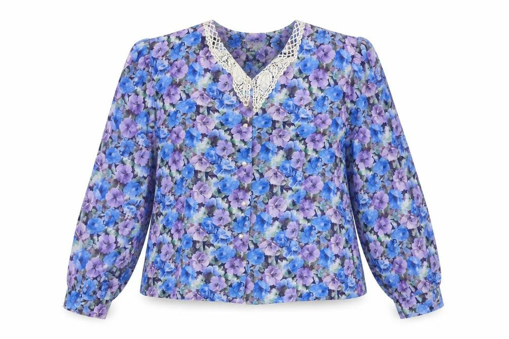 Front view of Dormar women’s blue floral basic button-up, size UK 20