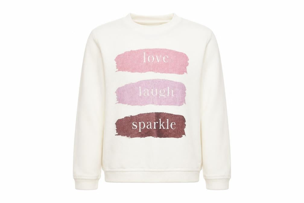 Front view of Primark girls’ ivory pullover sweatshirt, size 6-7, years - love laugh sparkle