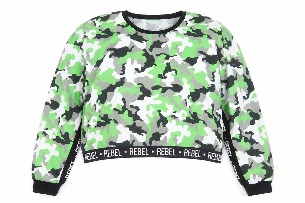 Front view of Select women’s green camouflage pullover sweatshirt, size UK 18