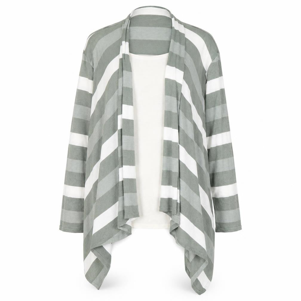 Front view of Mimosa women’s green striped basic t-shirt, size L