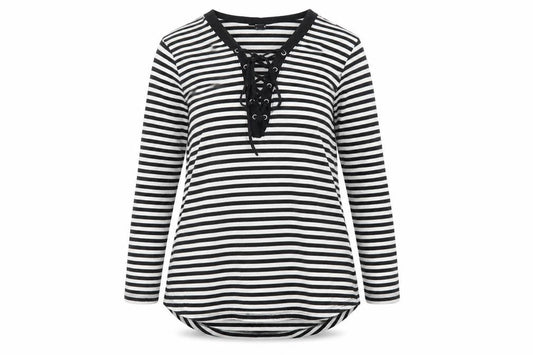 Front view of Rainbow women’s white striped basic blouse, size M